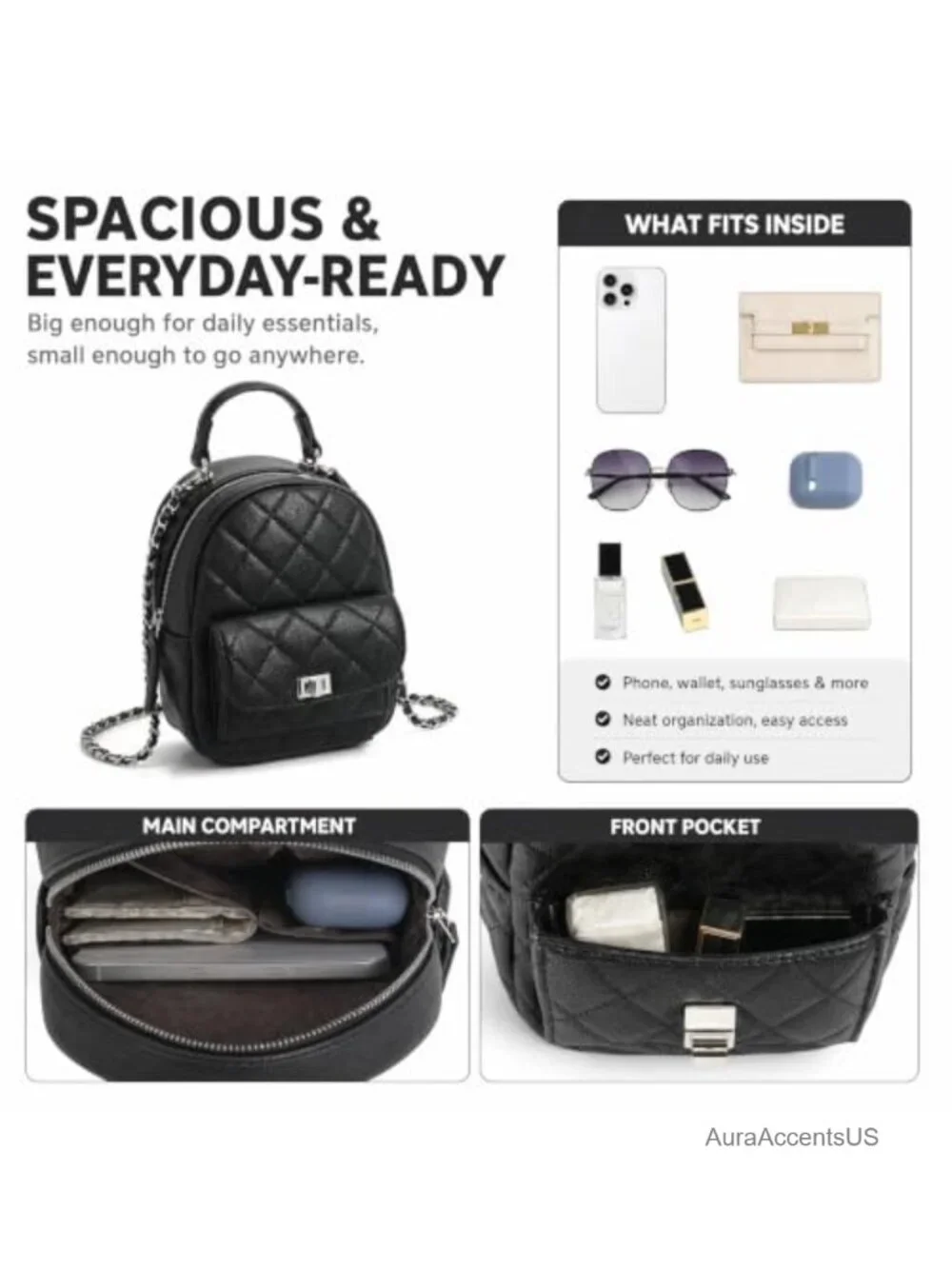 Quilted Mini Backpack Purse, Chain Strap Vegan Leather, 3 Ways to Wear